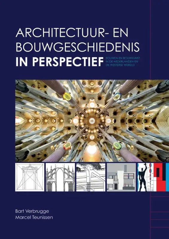 De voorkant van het boek architectuur- en bouwgeschiedenis in perspectief toont een gouden, symmetrisch plafond voor hoger onderwijs door bart verbrugge en marcel teunissen