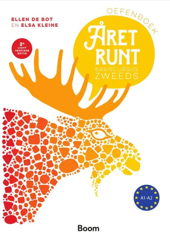 Een levendige oranje en geel moose illustratie met geometrische vormen voor de basiscursus zweeds a1-a2 boekcover