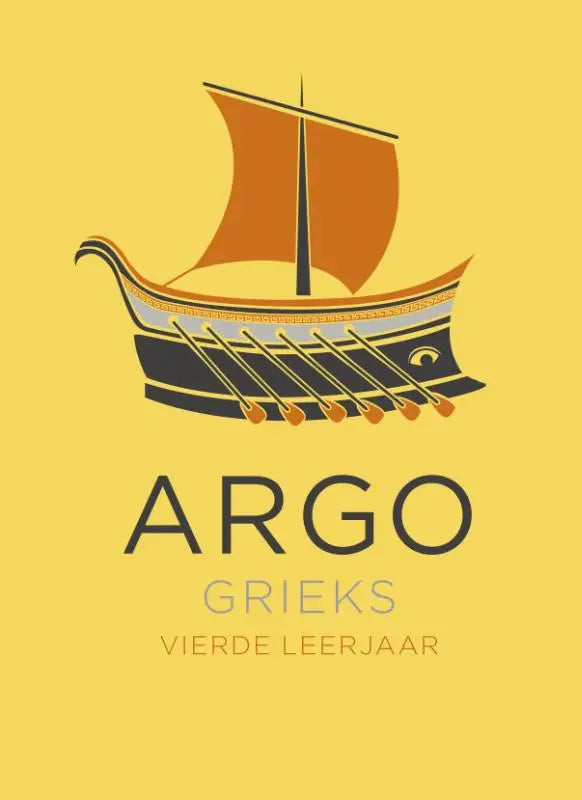 Een gestileerde illustratie van de Argo Grieks trireme met oranje zeilen en zwart houten romp met goudaccenten