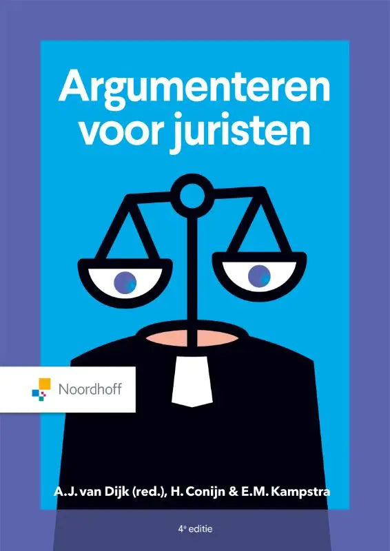 Blauw boek cover met zwart-witte weging met ogen getiteld argumenteren voor juristen door noordhoff voor taal hoger onderwijs