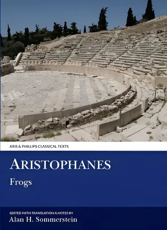 De boekcover van aristophanes frogs toont een blauwe achtergrond met witte tekst en engelse vertaling van griekse tekst