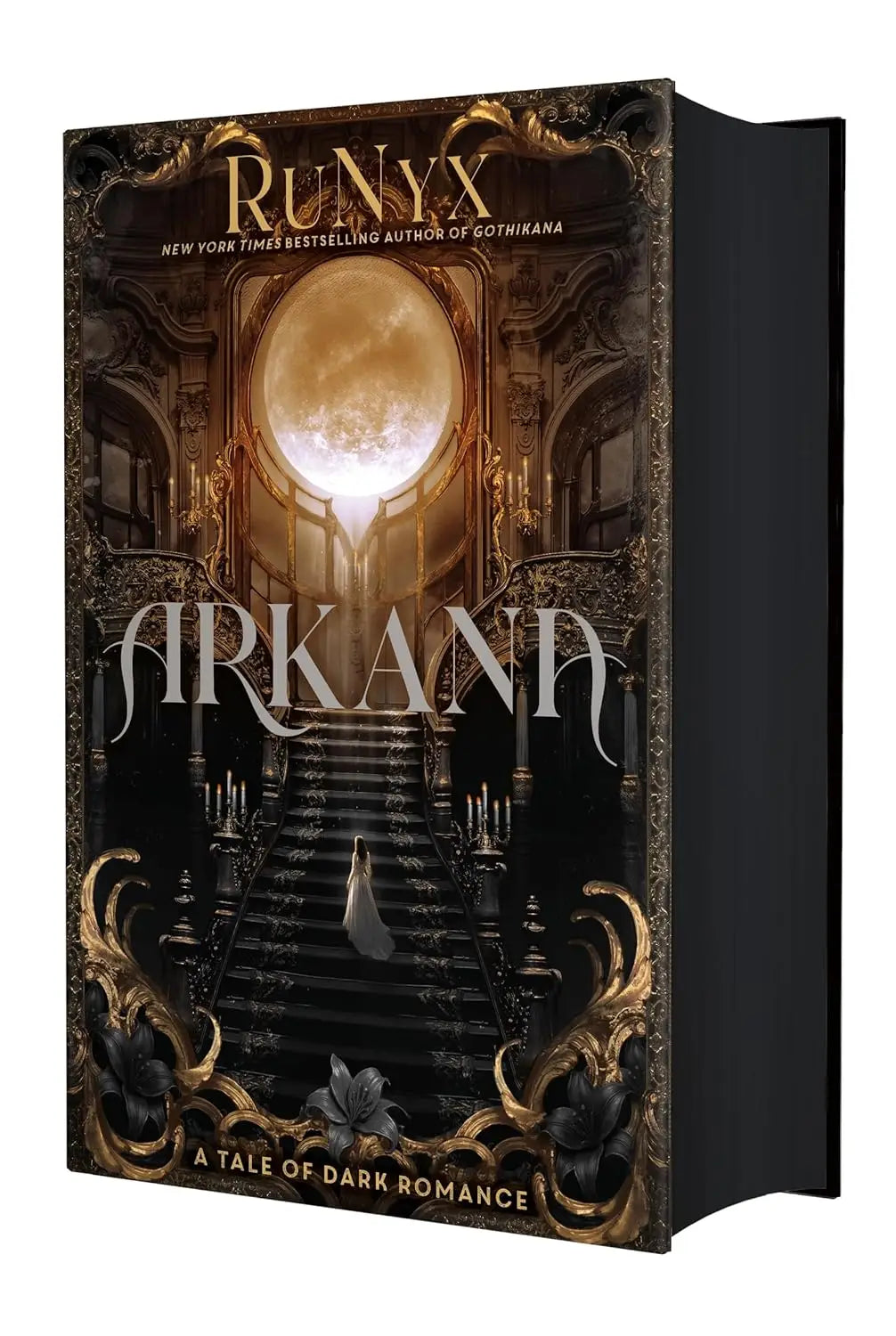 Deluxe hardback gothic romance novel arkana by runyx with ornate gold and black cover showing grand staircase under moon