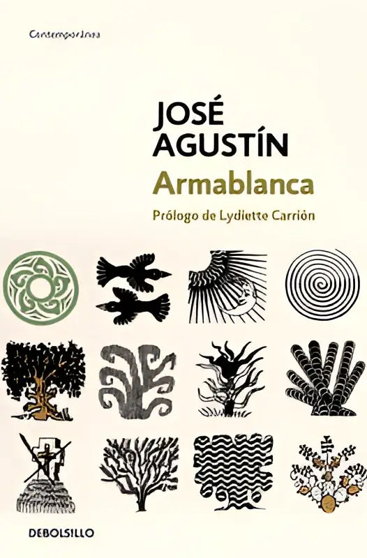 Zwart-wit geïllustreerde boekomslag van josé agustín armablanca met decoratieve geometrische patronen bladed weapon