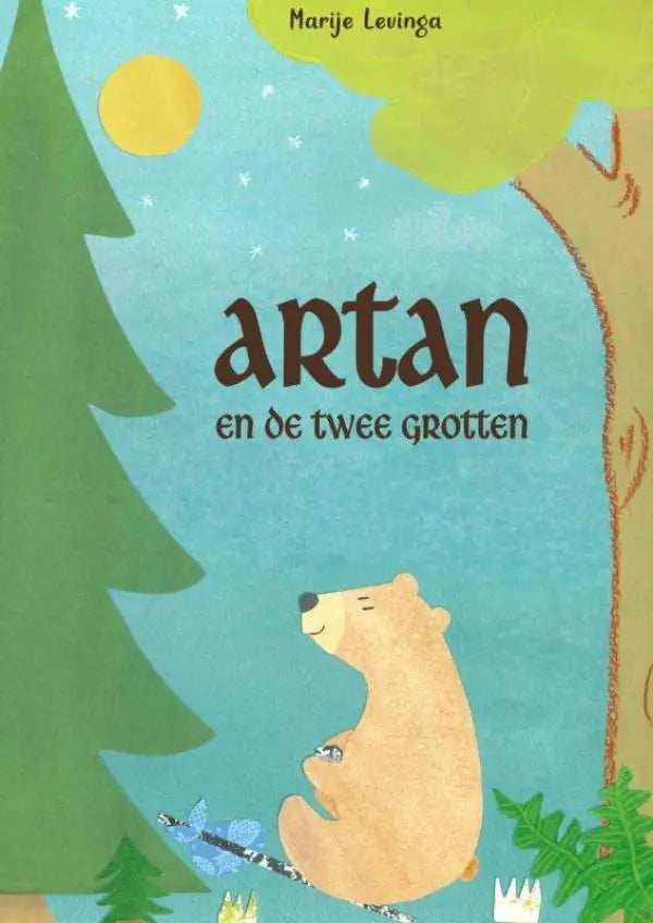 Children’s book cover with a light brown bear under trees titled artan en de twee grotten for jonge lezers by marije levinga