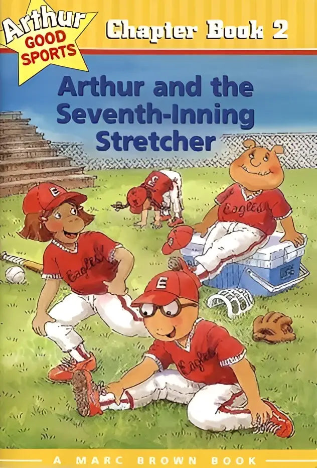 Arthur and the seventh inning stretcher kinderverhaalboek met levendige cartoonillustraties van honkbalspelers in rode uniformen op groen veld