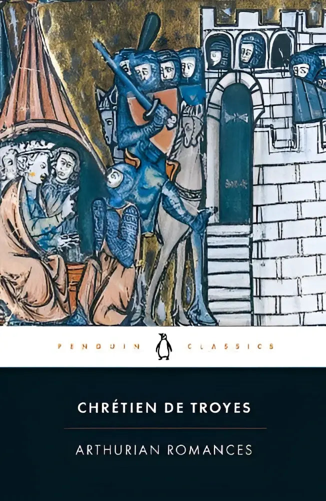 De cover van arthurian romances toont een middeleeuwse illustratie in blauw, goud en aardetinten met ridders en een kasteel