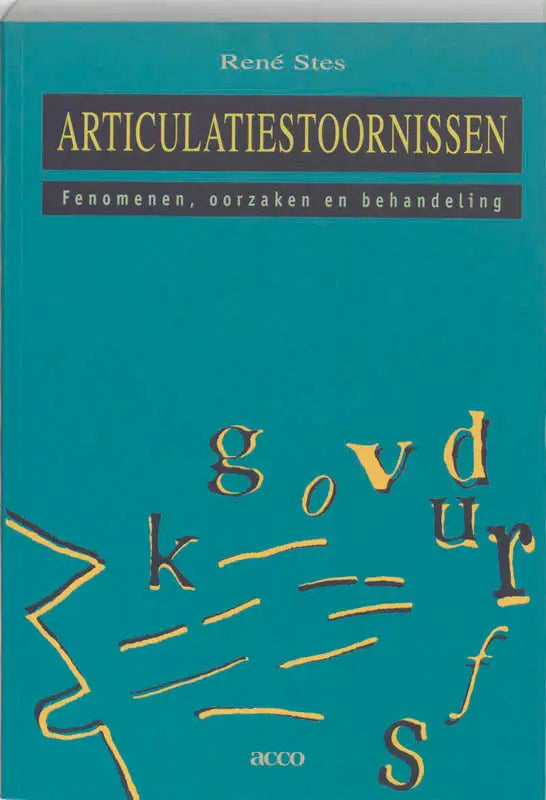 Teal hardcover boek articulatiestoornissen met gouden letters en abstracte gele typografie acco uitgeverij