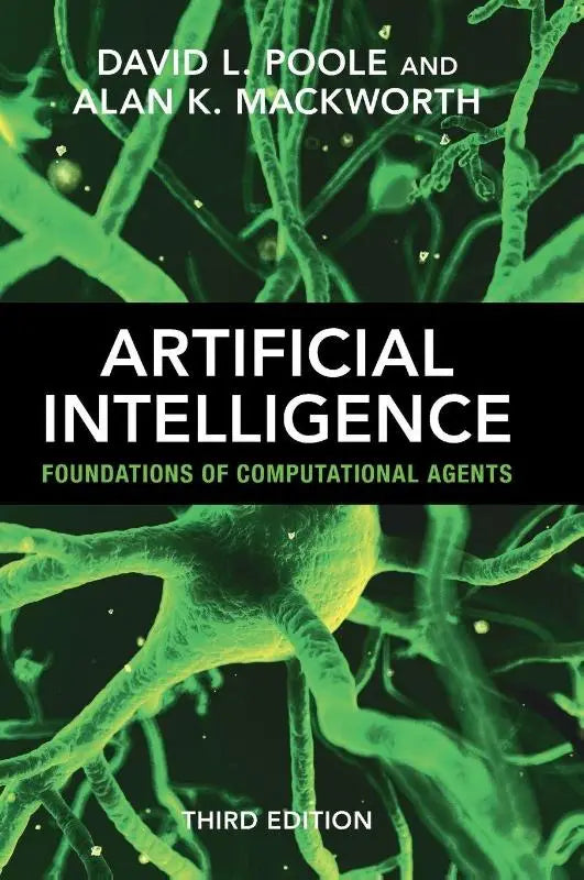 Groen en geel verlicht neuronennetwerk op zwarte achtergrond als omslag van artificial intelligence foundations of computational agents boek voor undergraduate en social impact studies