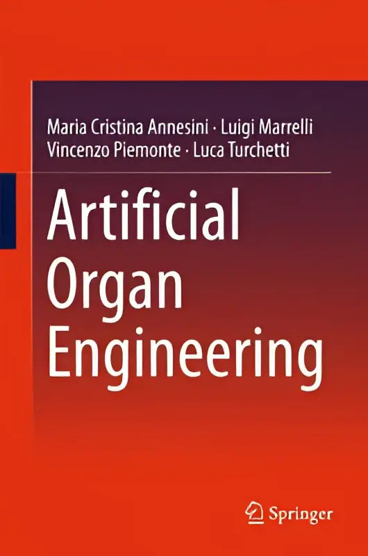 De boekcover van artificial organ engineering toont de titel in witte letters op een oranje-rode achtergrond met auteursnamen en springer logo