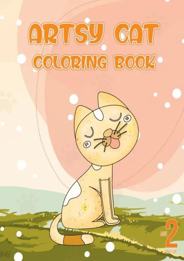 A charmingly illustrated yellow and white cat with a playful expression on the artsy cat coloring book cover