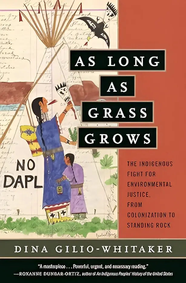 Het boek as long as grass grows toont twee inheemse figuren in traditionele kleding op een oranje achtergrond