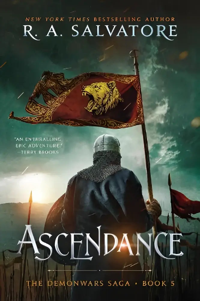 The demonwars saga book 5 ascendance features a dark armored knight before a red banner with a golden lion emblem