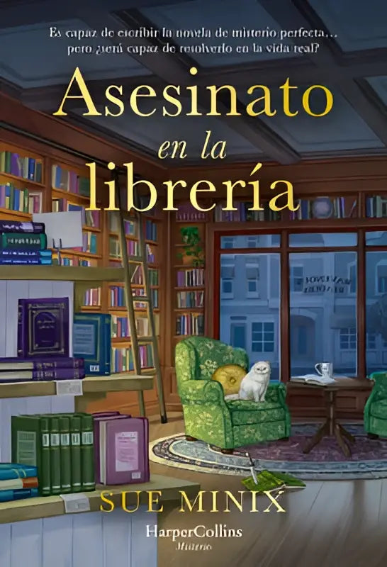 Groen patroon fauteuil met witte kat rustend getest bij het boek murder at the the bookstore