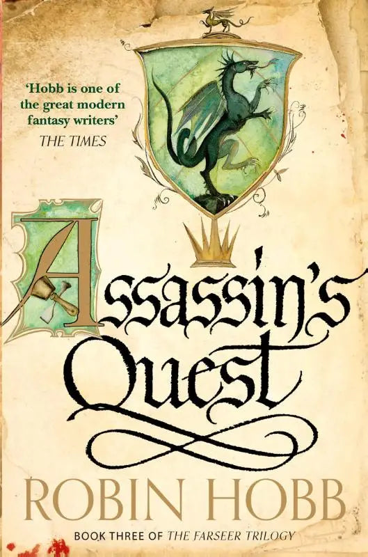 The farseer trilogy book cover featuring a green dragon emblem and ornate title on aged parchment of assassin’s quest