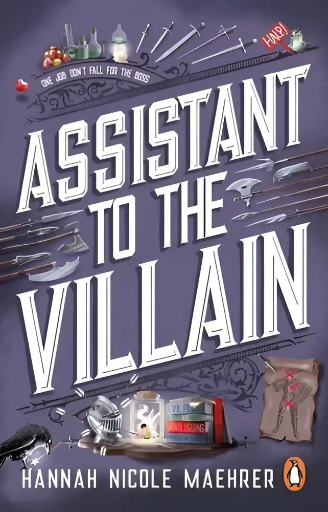 De boekcover van assistant to the villain toont witte letters op paars met zwaarden en fantasy-objecten
