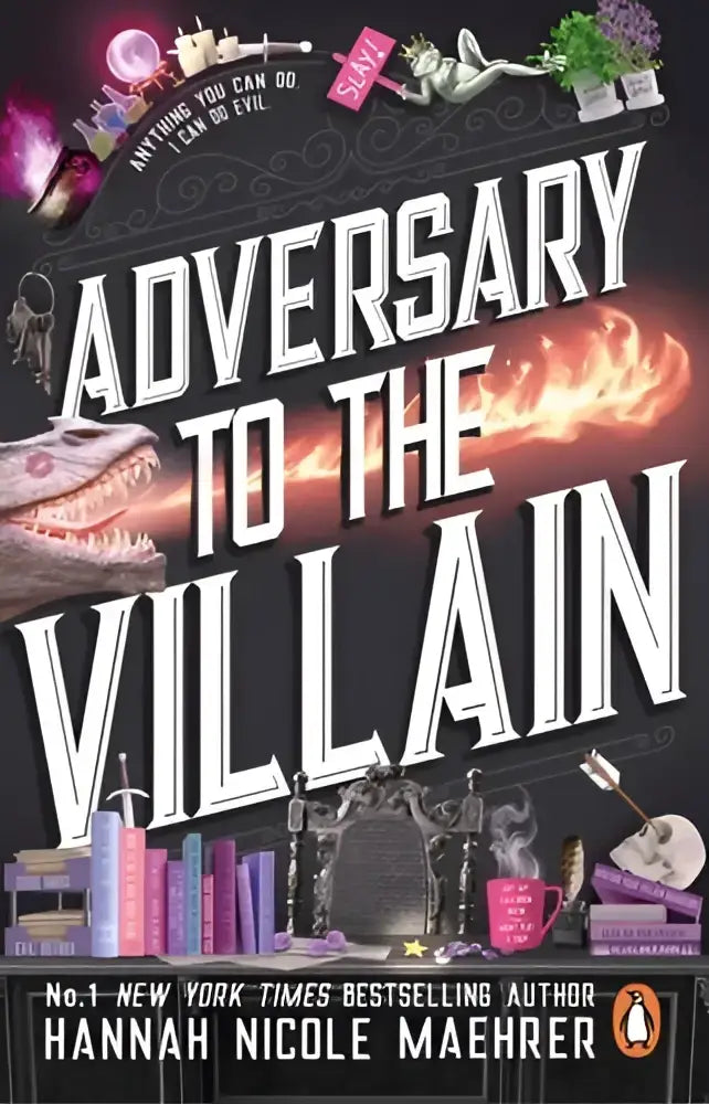 Zwart boekomslag van assistant to the villain series boeken 1 4 set van hannah nicole maehrer met titel adversary to the villain in wit en vurige oranje rode achtergrond