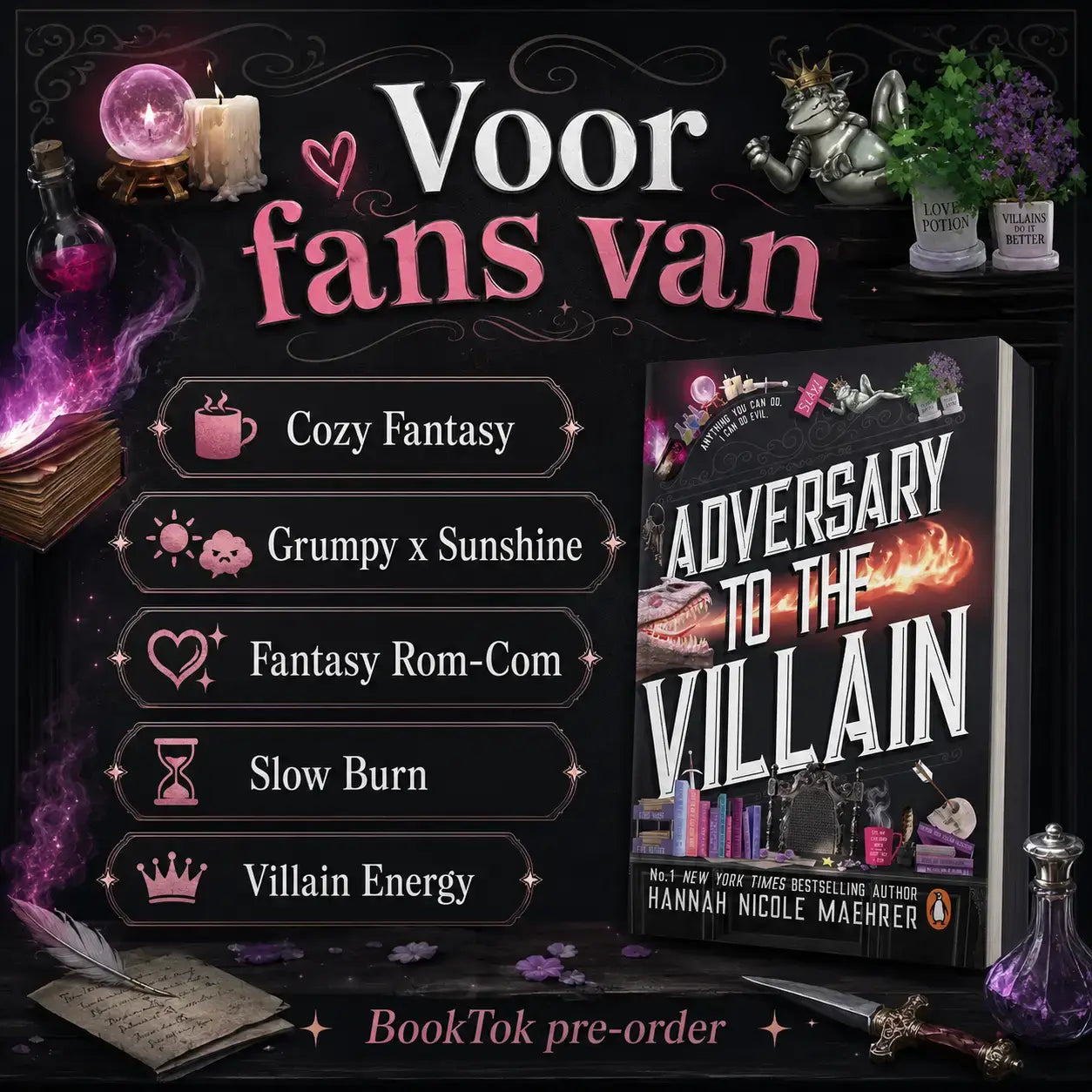 Zwart hardcovers boek adversary to the villain door hannah nicole maehrer met vurige oranje en witte fantasieillustraties