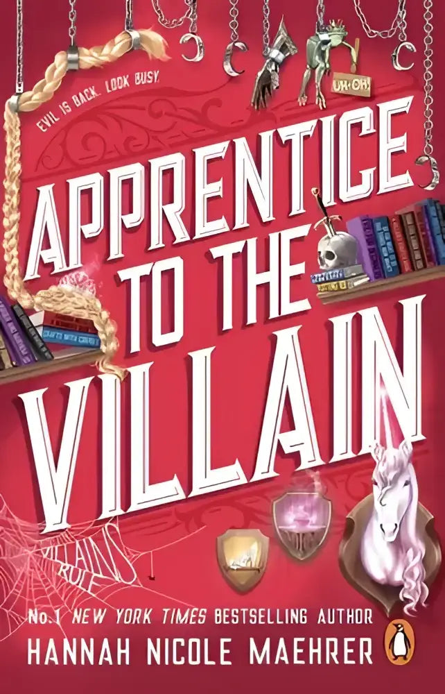 Rood boekomslag van assistant to the villain serie boeken 1–4 set door hannah nicole maehrer met titel en illustraties