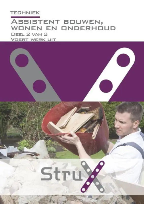 De cover van assistent bouwen en wonen werkproces 2 toont een rode gevlochten mand met houten planken buiten