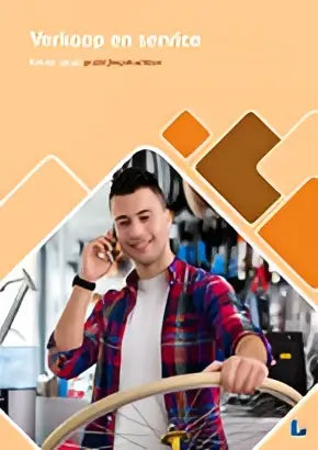 Een assistent verkoop retail draagt een roodblauw geruit overhemd en houdt een telefoon tegen zijn oor