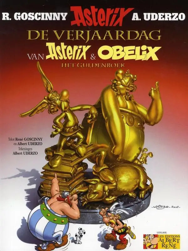 Golden statue of asterix and obelix with detailed metallic finish from asterix 34 de verjaardag van asterix en obelix