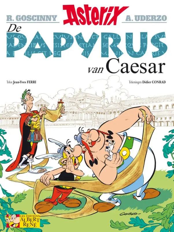 De cover van asterix 36 de papyrus van caesar toont een kleurrijke cartoonillustratie met dynamische personages
