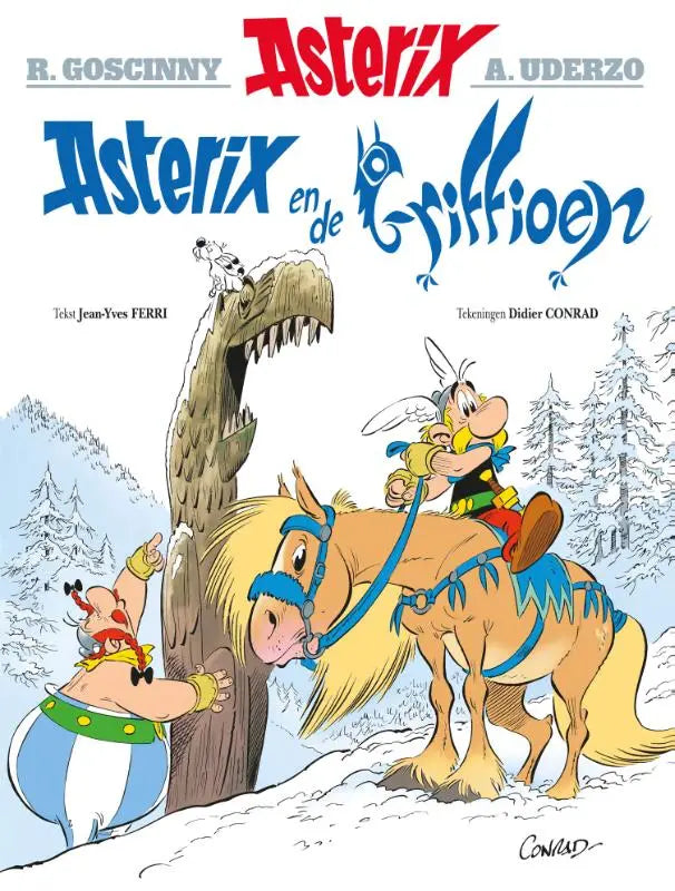 De voorkant van stripboek asterix 39 asterix en de griffioen toont asterix te paard en obelix bij een sneeuwboom