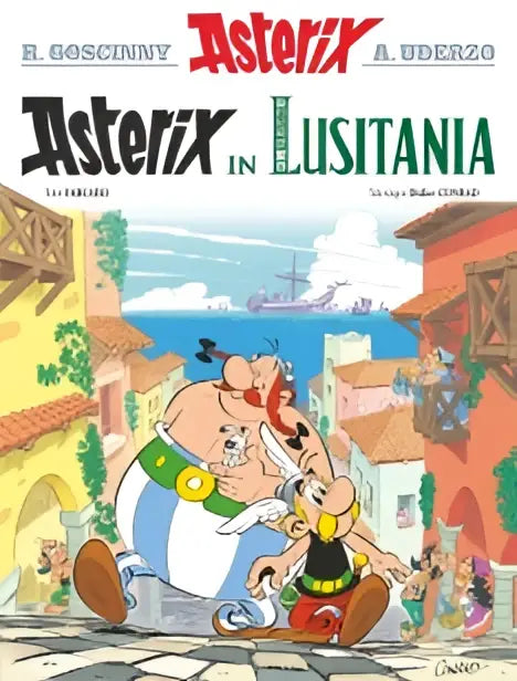 Cover van asterix 41 asterix in lusitania met asterix en obelix op een keienstraat voor kleurrijke gebouwen aan zee