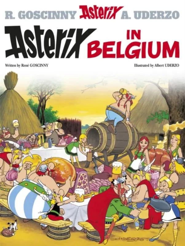 Asterix in Belgium album 24 cover met kleurrijke cartoonfiguren rond tafel met bier voor jonge lezers