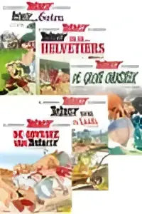 Een kleurrijke collectie verpakte franse kaasproducten met levendige etiketten in asterix backlistpakket reisalbums bundel