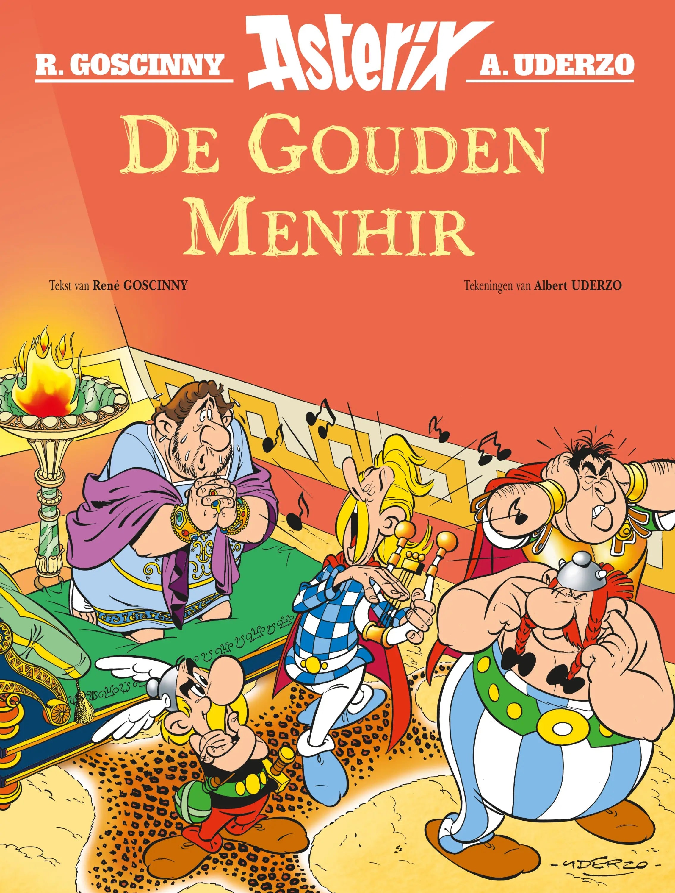 De illustratieve albumcover van asterix de gouden menhir toont levendige kleuren en bevat een gratis luisterspel