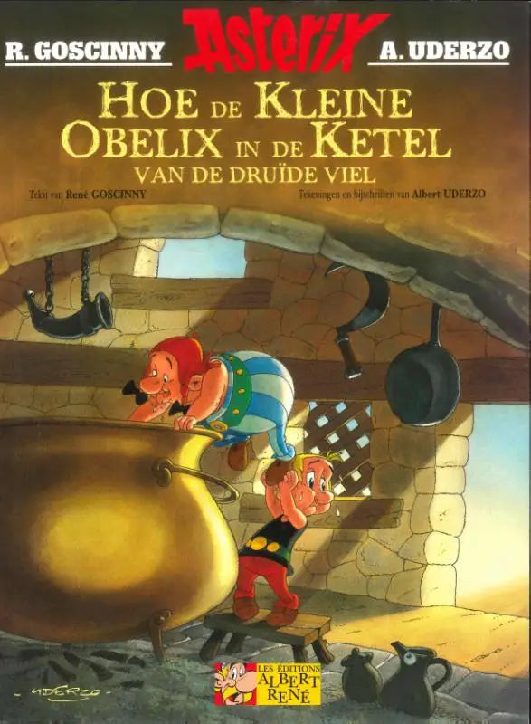 De cover van het geïllustreerde asterix album toont kleine obelix en de druïde viel in een levendige cartoonstijl