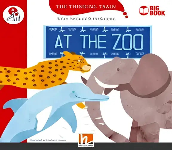 Groot boek At the zoo met kleurrijke dieren: gele cheeta, grijze olifant, blauwe dolfijnen