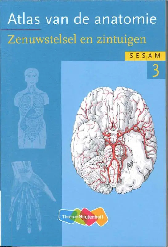 Blauw omslag anatomie atlas met gedetailleerde illustratie van hersenen en rode vaatnetwerken atlas van de anatomie