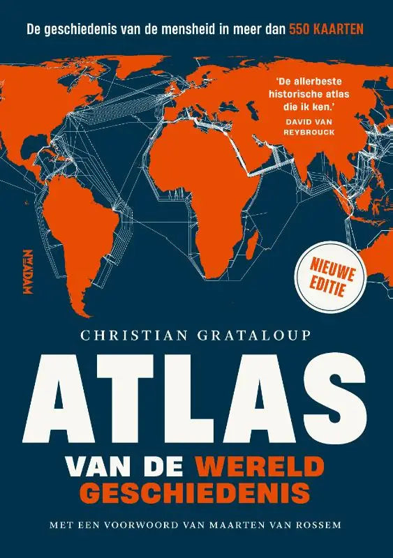 Donkerblauw boek atlas van de wereldgeschiedenis met oranje wereldkaart en witte lijnen door christian grataloup park uitgevers historische kaarten