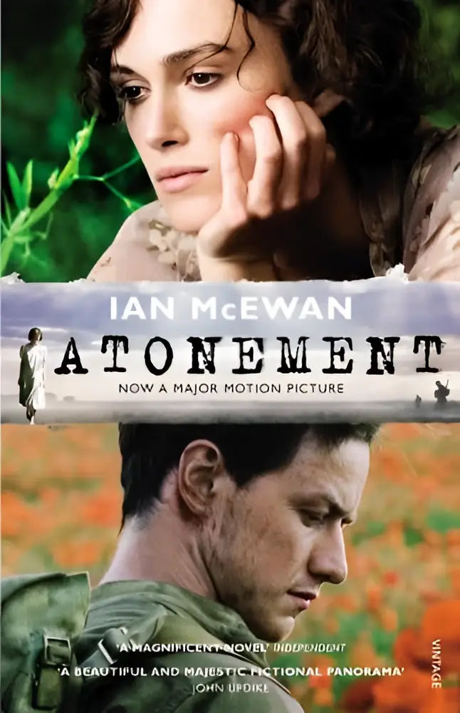 De boekomslag van ian mcewans atonement toont een gesplitst ontwerp met twee personages in groen en aardetinten