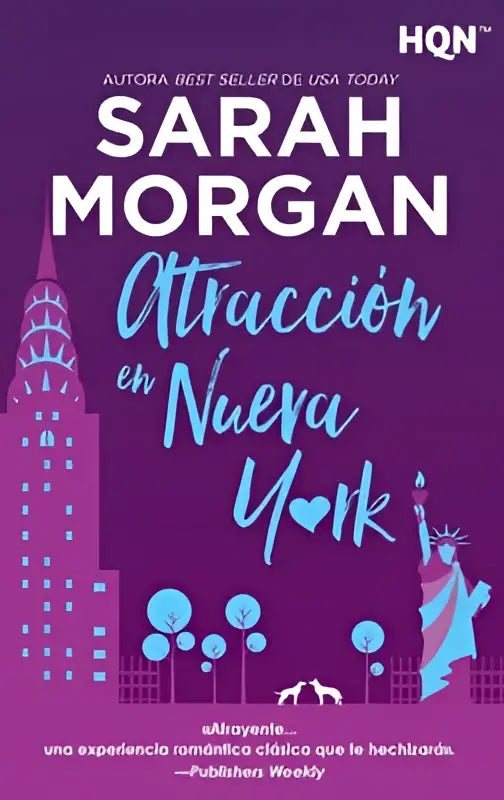 Paarse boekomslag van atracción en nueva york door sarah morgan met gestileerde new yorkse bezienswaardigheden in lichtblauw en wit