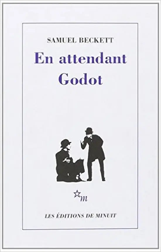 Witte hardcover boek attendant godot van samuel beckett met minimalistische zwarte tekst en illustratie