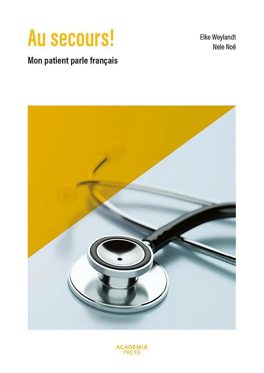 Een metalen stethoscoop met zwart buisje op een geel-witte achtergrond passend bij medisch frans mon patient parle