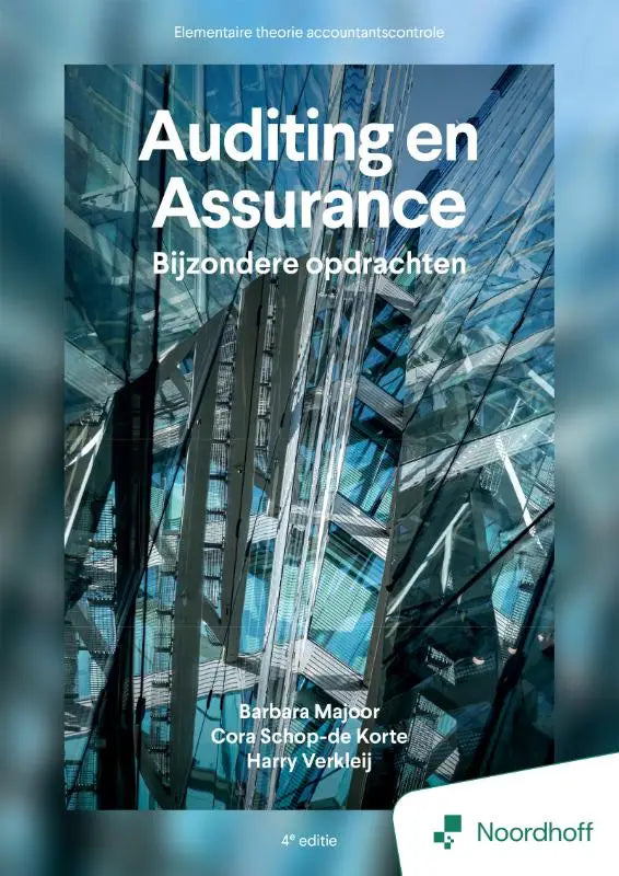 Blauw-wit tekstboek voor auditing en assurance met moderne glazen gebouwafbeelding speciale opdrachten
