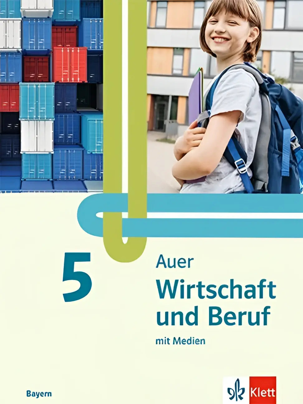 Kind draagt blauwe en grijze rugzak met verstelbare riemen bij schulbuch mit medien für klasse 5