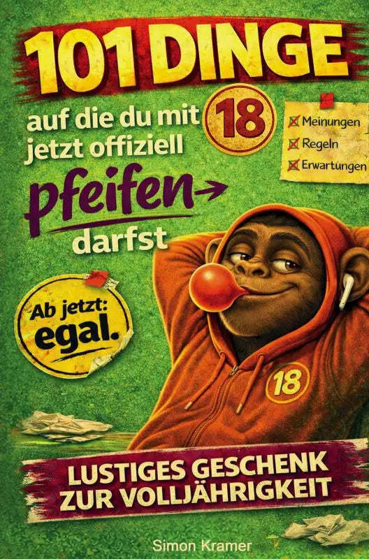 Een cartoon aap in een oranje hoodie nummer 18 die rode kauwgom blaast passend bij geschenk geschikt boek over eigen woning partnerschap uvm