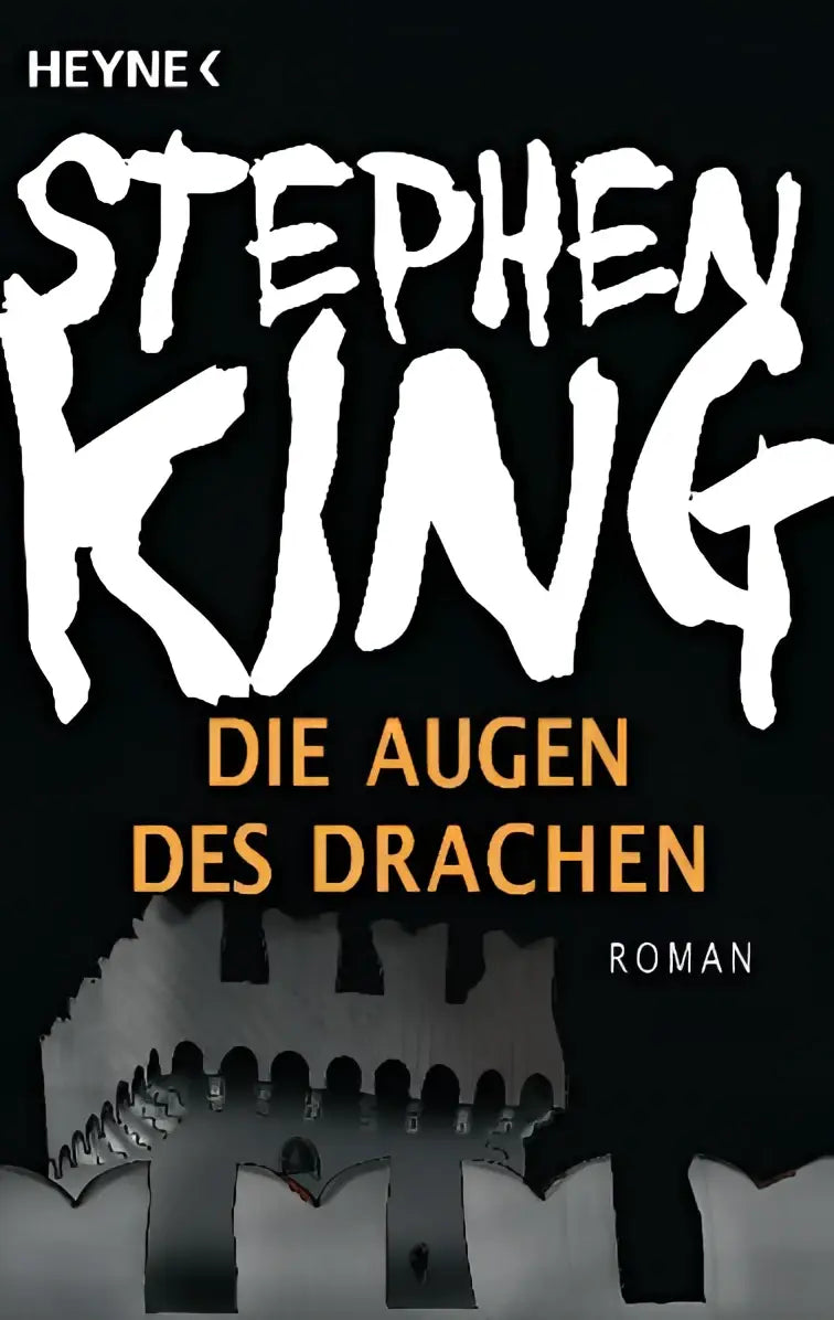 Zwarte boekomslag met witte en oranje tekst en grijstinten kasteelillustratie voor de roman augen des drachen