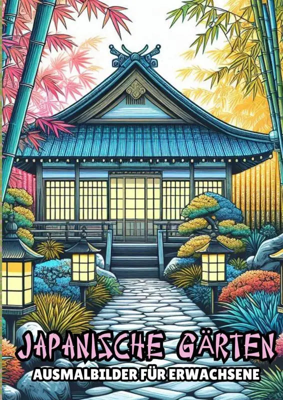Cover van een japans stijl tuin kleurboek voor erwachsene met traditionele tempel en herfstbladeren als malbuch für ontspanning