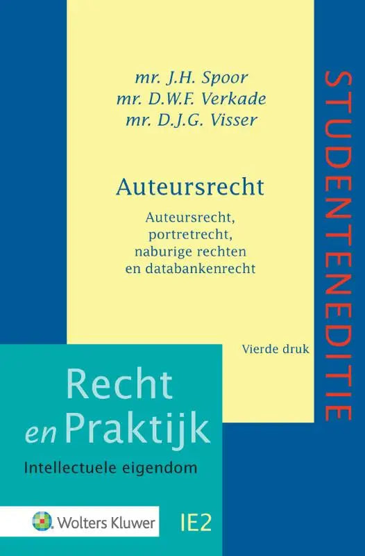 Blauw en geel boekcover met titel auteursrecht door wolters kluwer met moderne geometrische vormgeving door kluwer nederland
