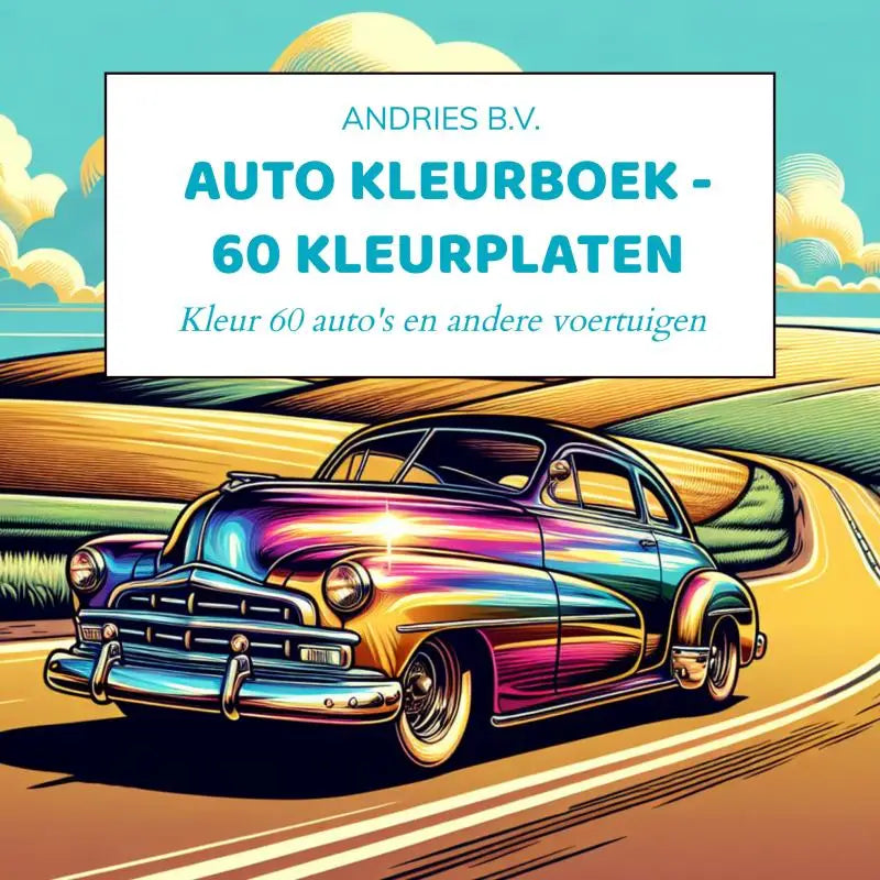 Auto kleurboek met een levendig regenbooggeschilderde klassieke amerikaanse sedan en andere voertuigen voor jonge lezers