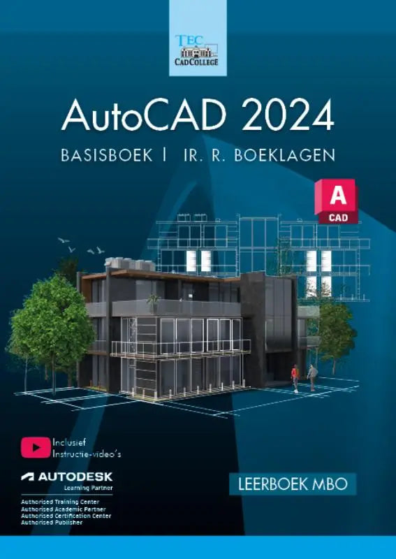 De cover van het autocad 2024 basisboek toont een professioneel ontwerp gericht op leren en toepassen van autocad