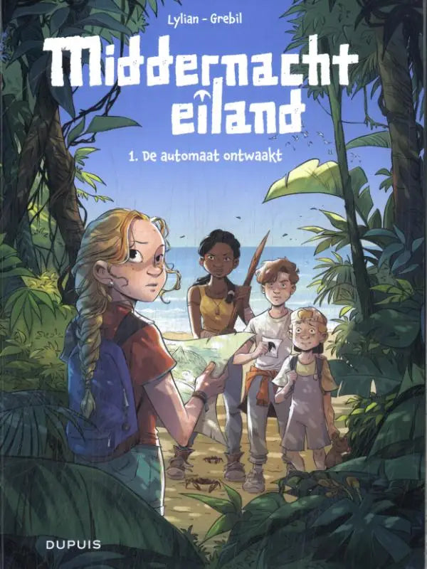 De cover van de graphic novel middernacht eiland door lylian grebil toont vier personages in een groene jungle voor automaat ontwaakt strips algemeen