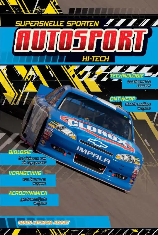 Blauwe chevrolet impala autosport hi-tech raceauto met sponsorstickers perfect voor supersnelle sporten en jonge lezers