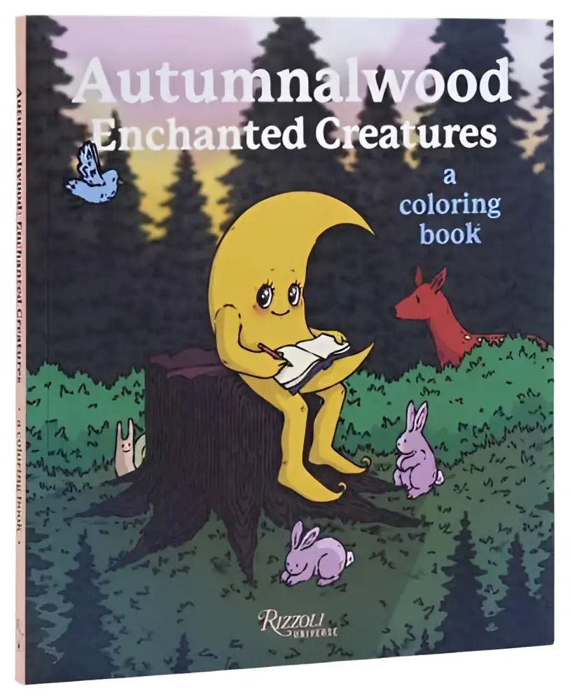 A whimsical yellow crescent moon character sits on a tree stump with woodland creatures in autumnalwood coloring book